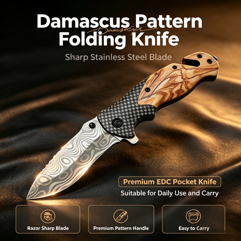 Damascus Pattern Folding Knife - Edc Carry Pocket Knife review and price